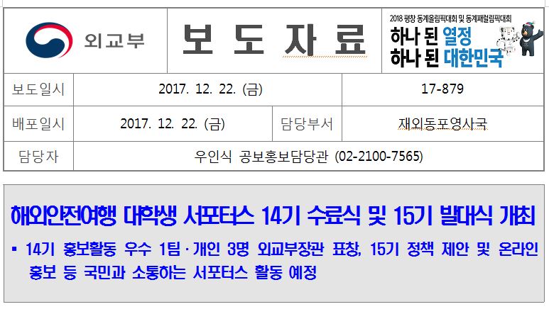 17-879, 해외안전여행 대학생 서포터스 14기 수료식 및 15기 발대식 개최
