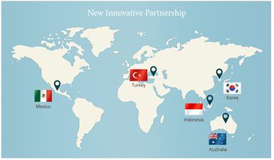 세계지도에 표시된 회원국 (5개국) : Mexico + Indonesia + Korea + Turkey + Australia 이미지